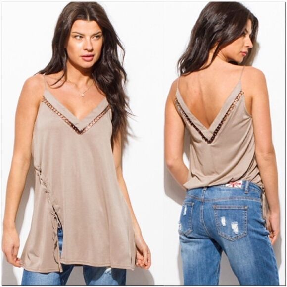 NWOT Mocha V-Neck Hoop Embellished Lace-Up Top - Picture 1 of 5